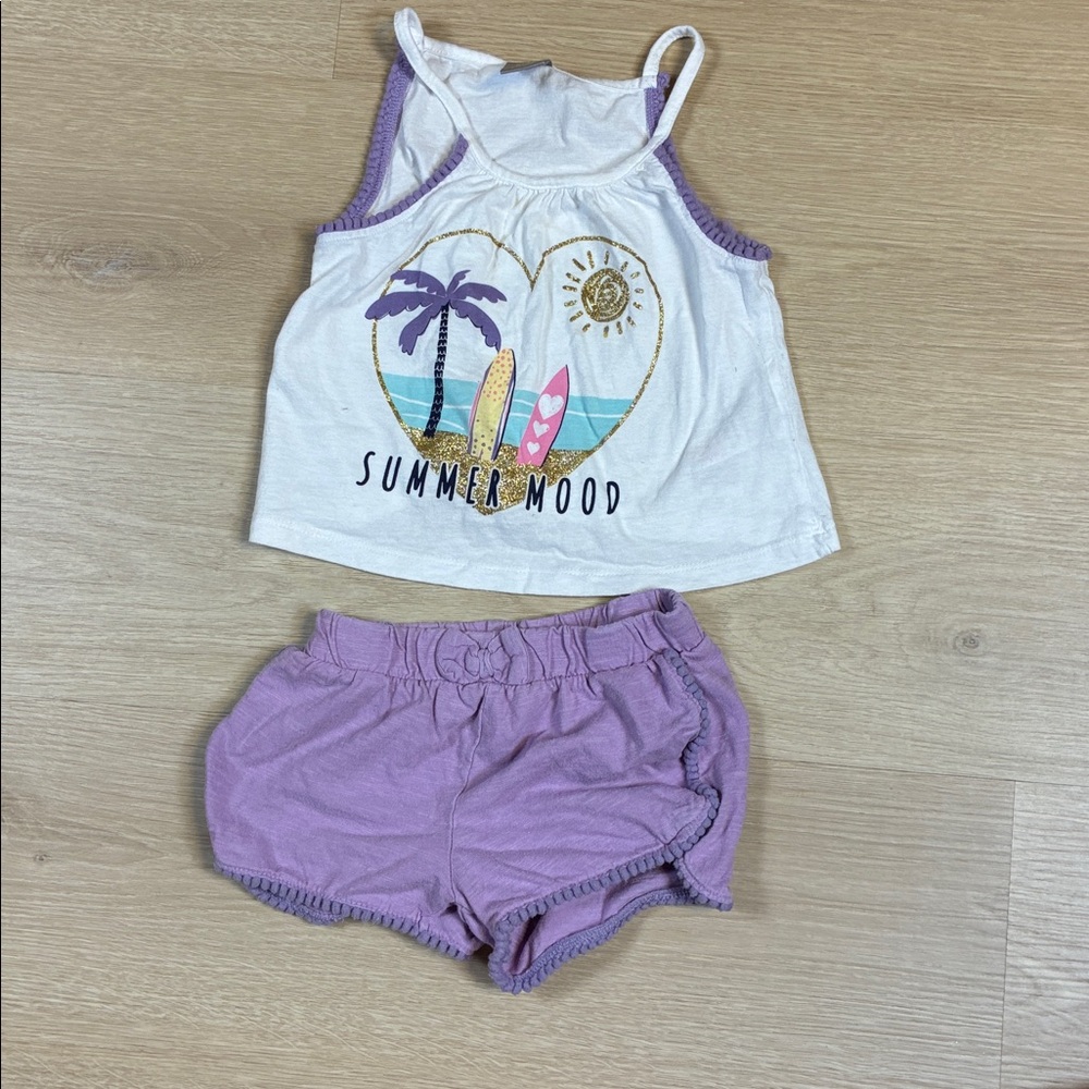 Little Kids White “Summer Mood” Tank Top & Matching Pom Pom Trim Shorts